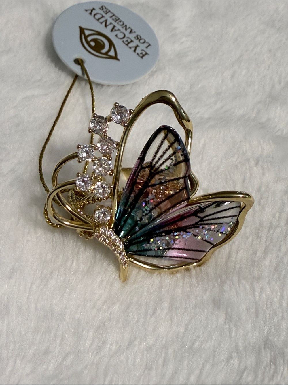 Eye Candy Gold Butterfly Adjustable Ring with Pink, Teal & Black Accents
